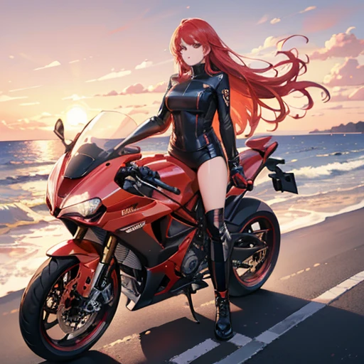 (best qualityer, high resolution), Woman, sitting on a mighty, the modern Ducati motorcycle, color red,dynamic pose, wind blowing your hair, swirly vibrant colors, stunning sunset, landscape by the sea, golden hour lighting.