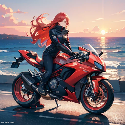 (best qualityer, high resolution), Woman, sitting on a mighty, the modern Ducati motorcycle, color red,dynamic pose, wind blowing your hair, swirly vibrant colors, stunning sunset, landscape by the sea, golden hour lighting.