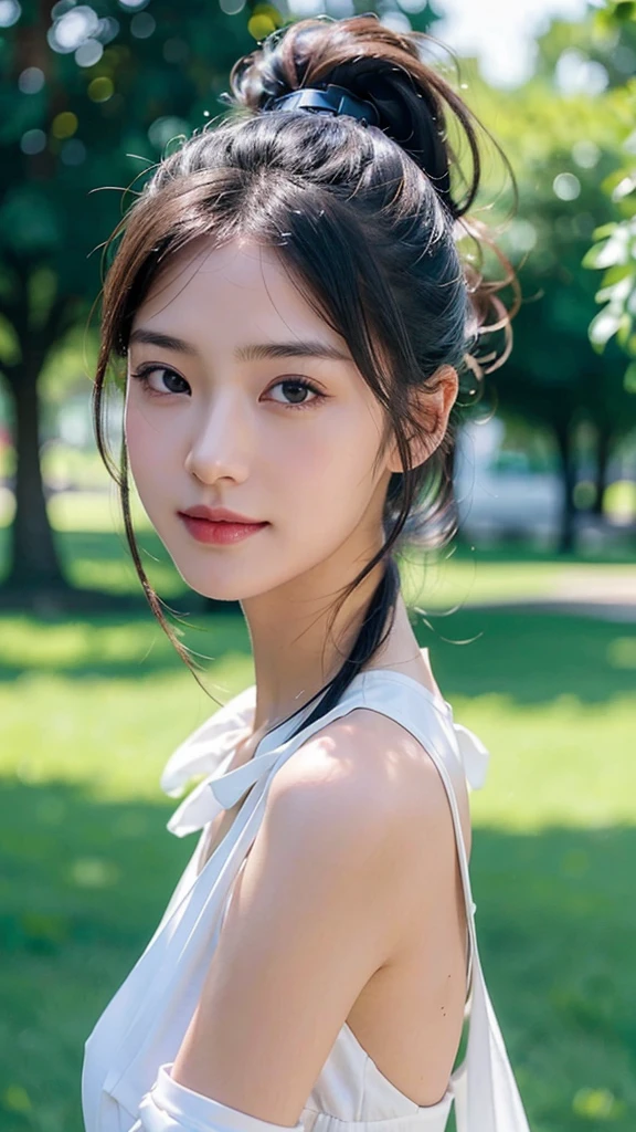 dress,outdoors,Urban Park,On the lawn,One woman,close up face,fully body photo,masutepiece, The highest image quality, High quality, the background is clear,Beautiful woman, Japanese, Detailed, Ultra-detailed, finely detail, hight resolution, 8K Wallpaper, Perfect dynamic composition, Beautiful detailed eyes ,Detailed eyes, Detailed skin, Beautiful skin, 超hight resolution, (reality: 1.4),Very beautiful woman, Slightly younger face, Beautiful skin, slender, (Ultra photo realsisim), (hight resolution), (8K), (Very detailed) (beautifully detailed eyes), (super detailed), (Detailed face), view the viewer, Fine details, Detailed face, Staring straight ahead, Staring straight ahead, photos realistic, Bright lighting, Professional Lighting, Black hair,poneyTail,a baby face,sixteen years old,Hairstyle: ponytail,Long ponytail hairstyle,slight smile,