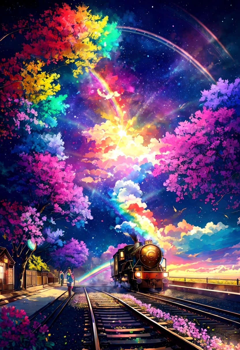 A locomotive running on rainbow-colored tracks,colorful,beautiful flower,Nice views,Utopia,An atmosphere full of dreams and hope,masterpiece.16K, Ultra-high resolution, Ultra-high resolution, born,Fantastic ,future、Shining in rainbow colors、The world 30 years from now。