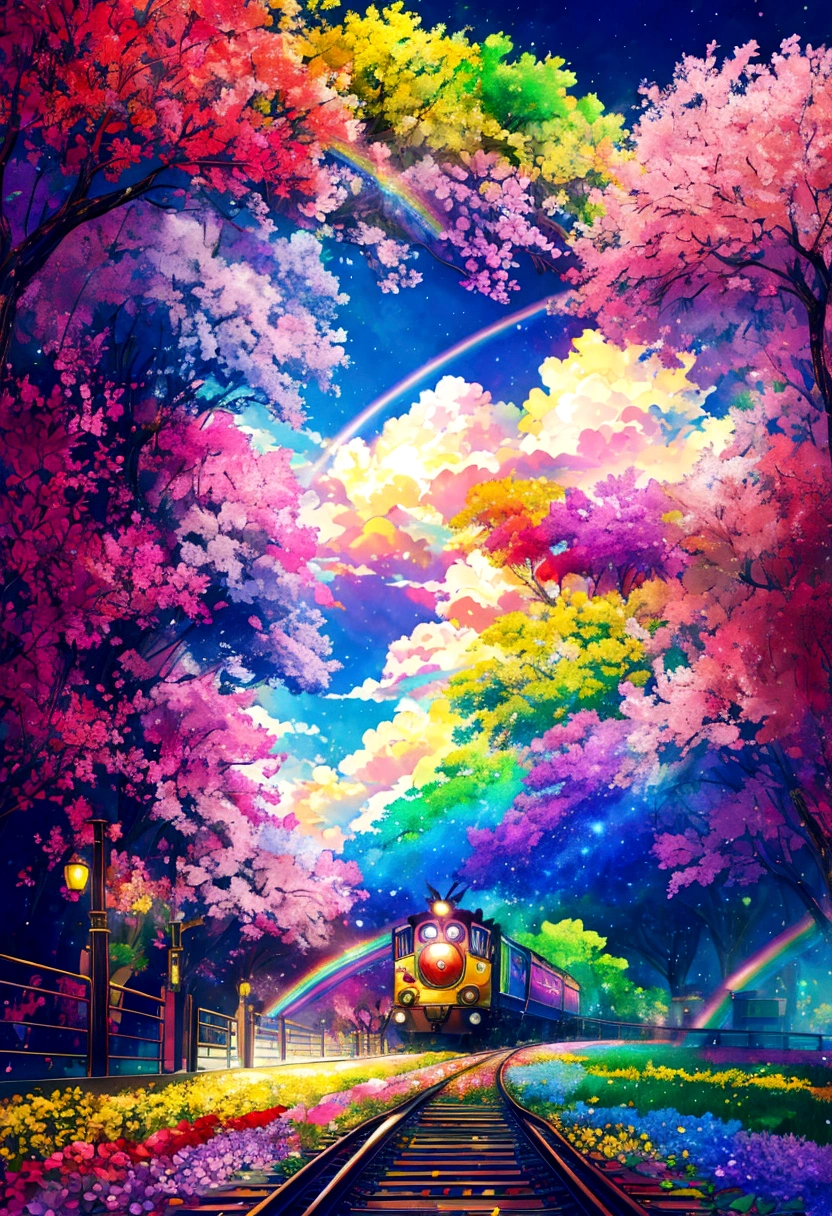 A locomotive running on rainbow-colored tracks，colorful，beautiful flower，Nice views，Utopia，An atmosphere full of dreams and hope，masterpiece．16K, Ultra-high resolution, Ultra-high resolution, born,Fantastic ,future、Shining in rainbow colors、The world 30 years from now。
