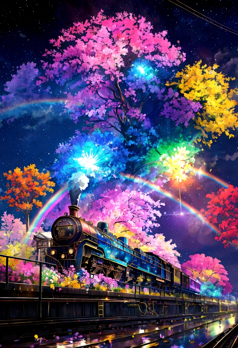 A locomotive running on rainbow-colored tracks，colorful，beautiful flower，Nice views，Utopia，An atmosphere full of dreams and hope，masterpiece．16K, Ultra-high resolution, Ultra-high resolution, born,Fantastic ,future、Shining in rainbow colors、The world 30 years from now。