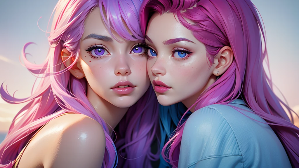 Best Quality, Masterpiece, Portrait, Perfect Anatomy, Femininity, Cool, Flawless, , Solo, Sexy, Stylish, Mature, Purple Eyes, Long Light pink Hair, Mole Above Lip, Red Lipstick, Big Breasts, Kissing Another Girl with Light blue hair,