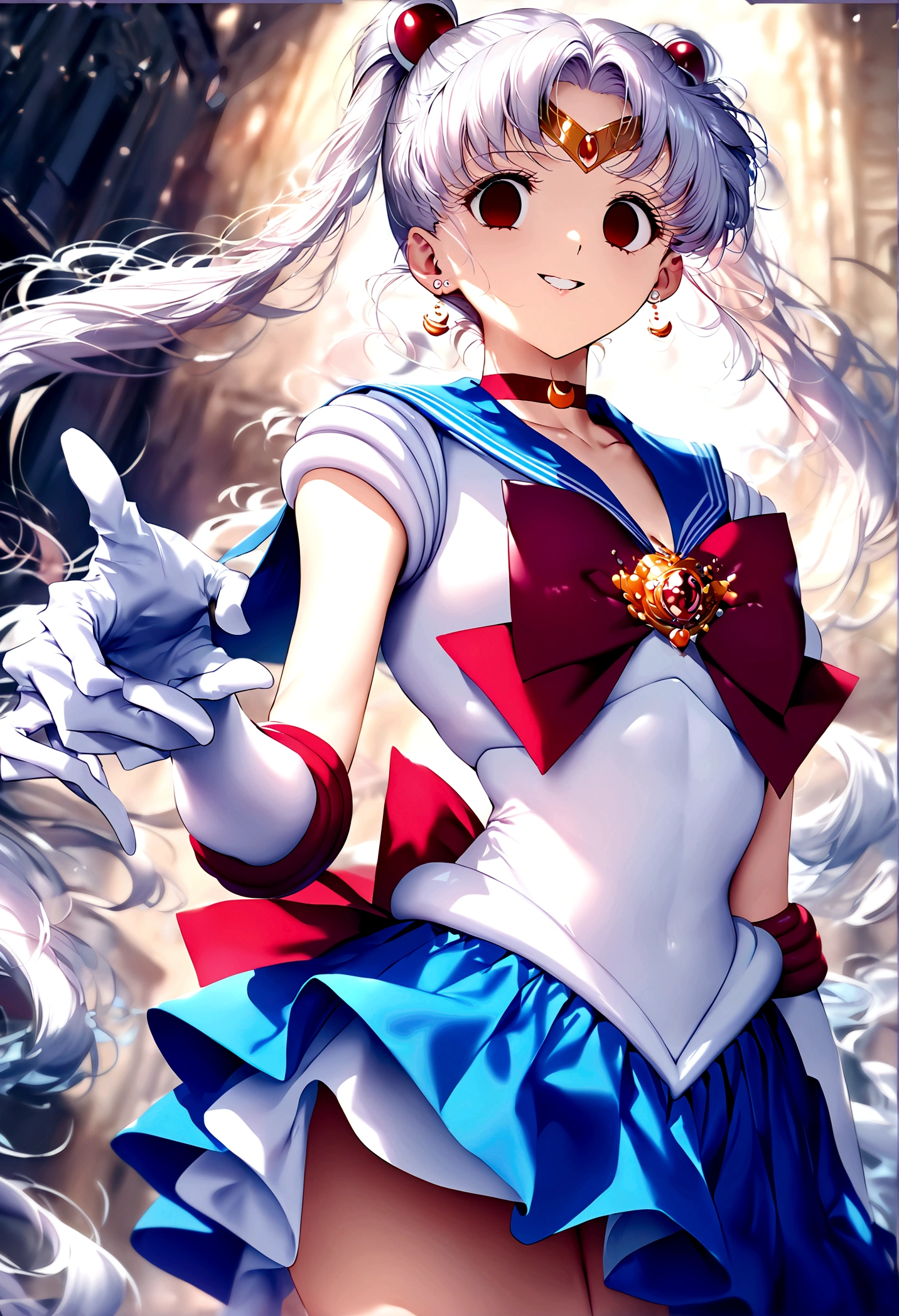 (masterpiece, Highest quality, so beautiful, Super detailed), Intricate details, 12k, Honestly, Long Hair, Double Bang, Twin tails, Parted bangs, tiara, Earrings, red eyes, Red choker, Blue sailor collar, Red Bow, White shirt, Elbow hand pockets, White gloves, Blue Skirt, Are standing, Cowboy Shot,,(evil smile:1.2), 1girl,(Silver Hair:1.4),(empty eyes,:1.4),from below,looking dawn,dark aura,View your viewers