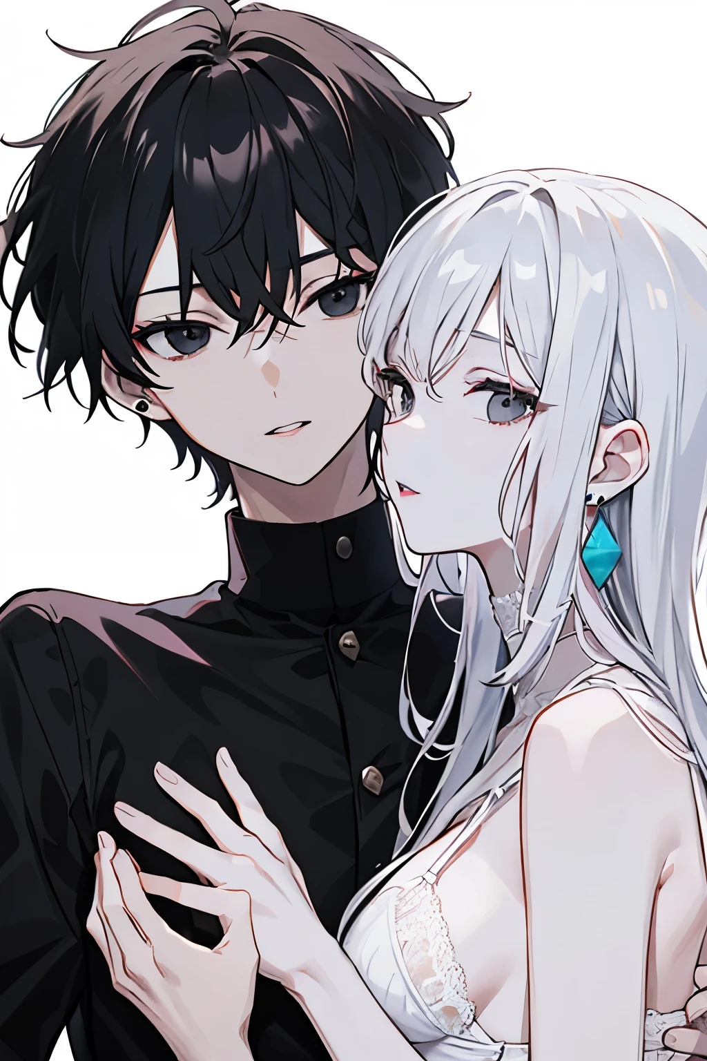 Best quality, masterpiece, super high resolution, a super model soaking, Make a model for me half of the characters, the face turns straight ahead, not turning left or right, the body does not tilt the left, right, see the face directly, only the model, the white background, the model is the body. 2D drama or male anime, black hairstyle, comma hairstyle, black eyes, pink lips, slender faces like women, but have a cool man, both face and straight, luster, white skin. Bright, wear black earrings, white lingerie, black outer shirt, slightly white cut.