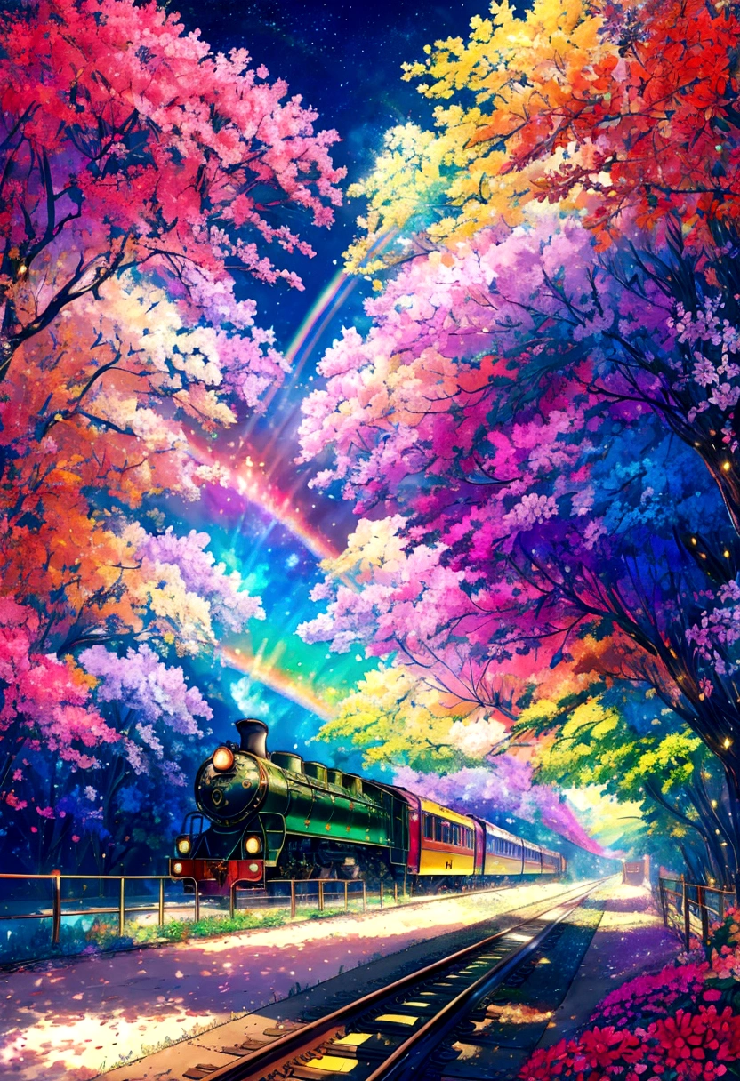 A locomotive running on rainbow-colored tracks,colorful,beautiful flower,Nice views,Utopia,An atmosphere full of dreams and hope,masterpiece.16K, Ultra-high resolution, Ultra-high resolution, born,Fantastic ,future、Shining in rainbow colors、The world 30 years from now。