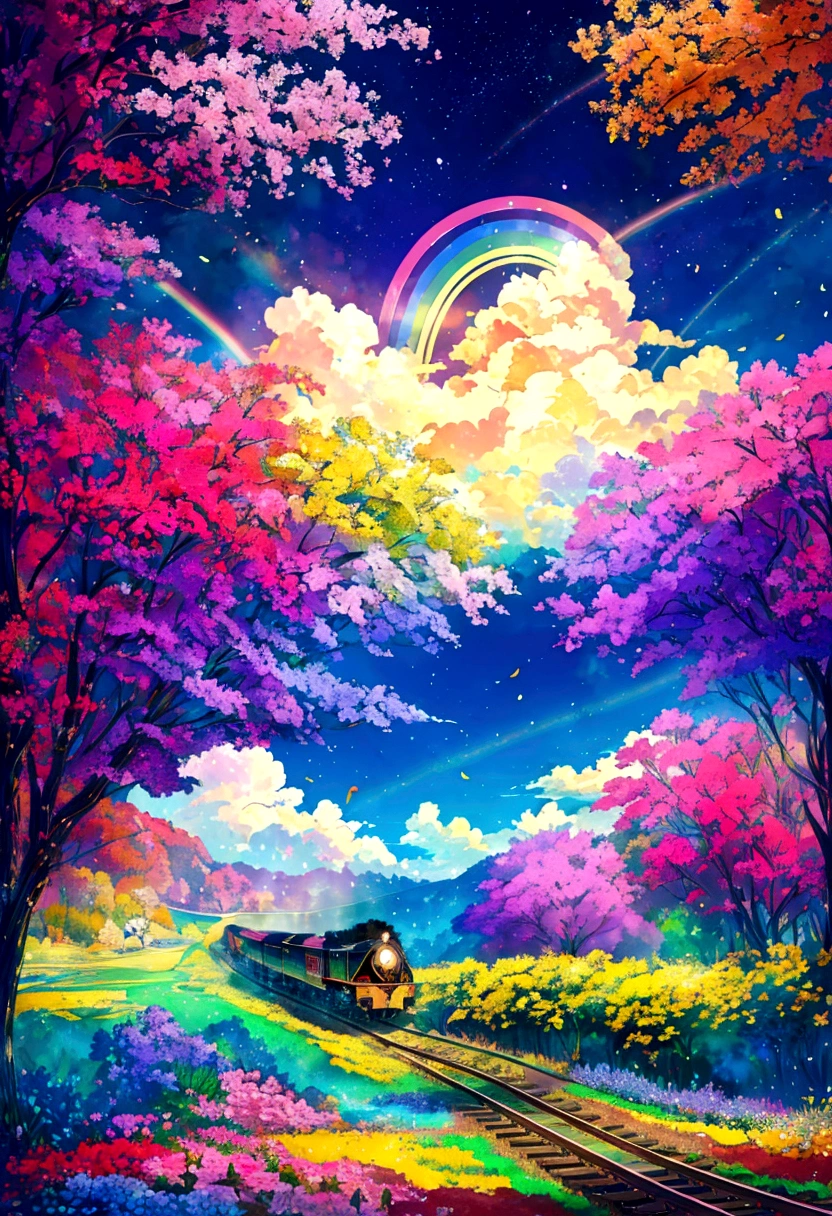 A locomotive running on rainbow-colored tracks,colorful,beautiful flower,Nice views,Utopia,An atmosphere full of dreams and hope,masterpiece.16K, Ultra-high resolution, Ultra-high resolution, born,Fantastic ,future、Shining in rainbow colors、The world 30 years from now。