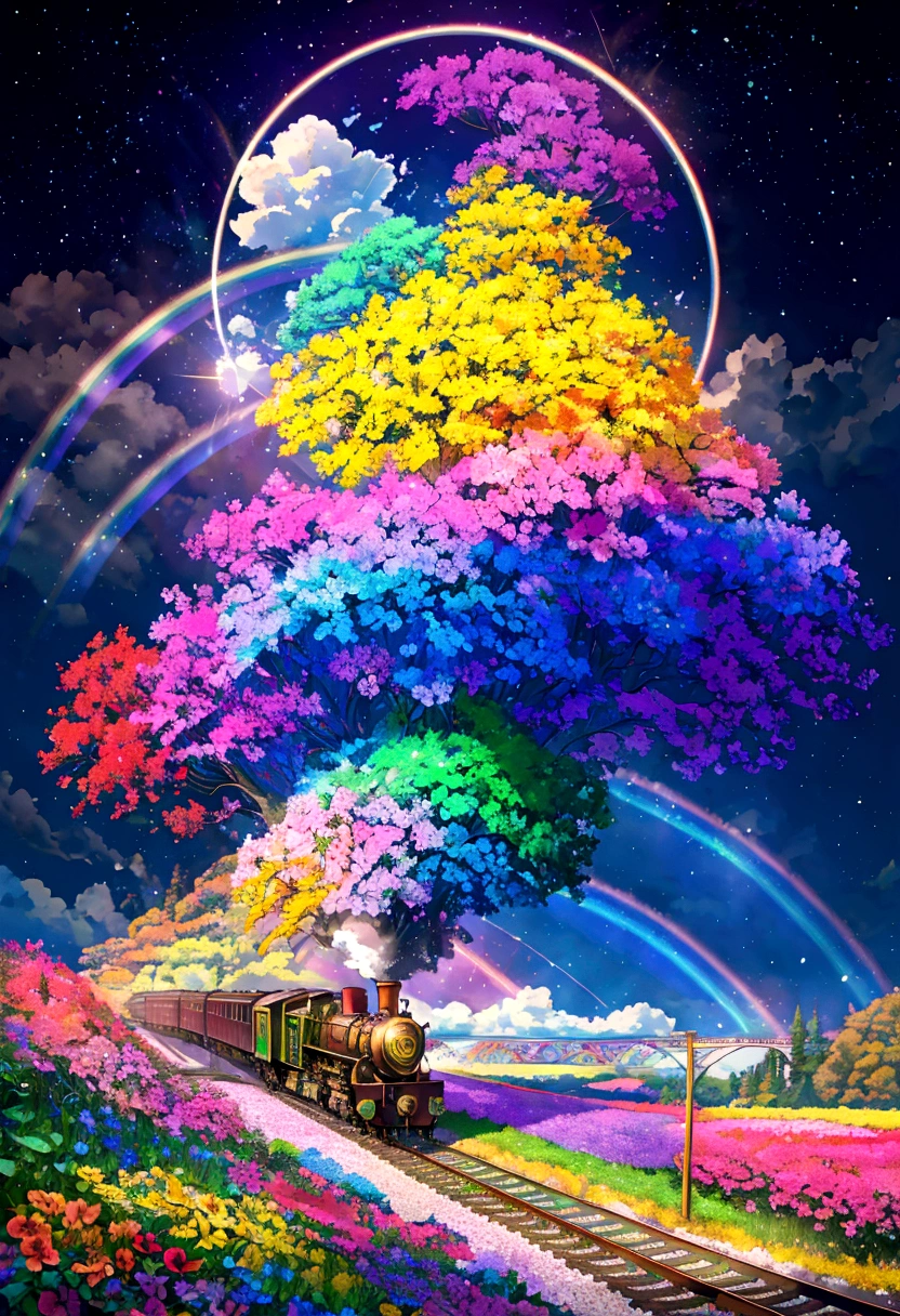 A locomotive running on rainbow-colored tracks，colorful，beautiful flower，Nice views，Utopia，An atmosphere full of dreams and hope，masterpiece．16K, Ultra-high resolution, Ultra-high resolution, born,Fantastic ,future、Shining in rainbow colors、The world 30 years from now。