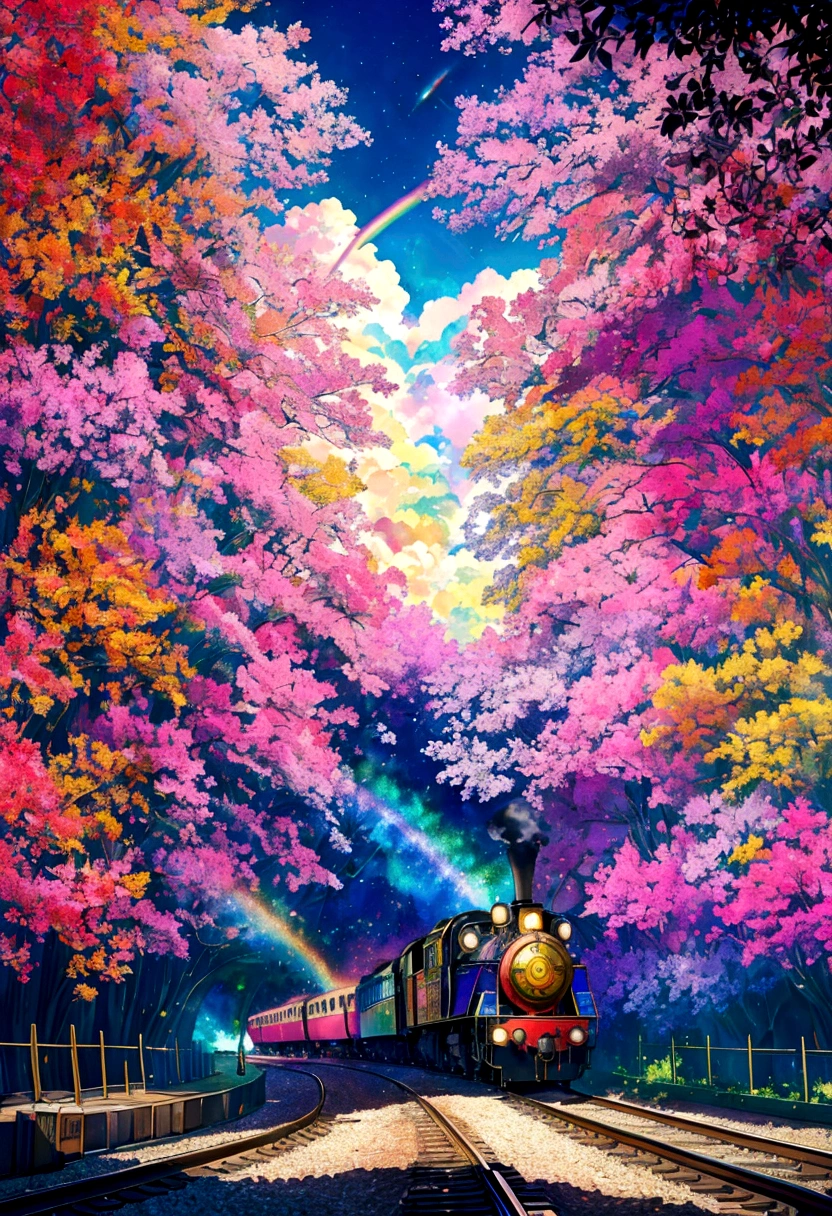 A locomotive running on rainbow-colored tracks,colorful,beautiful flower,Nice views,Utopia,An atmosphere full of dreams and hope,masterpiece.16K, Ultra-high resolution, Ultra-high resolution, born,Fantastic ,future、Shining in rainbow colors、The world 30 years from now。