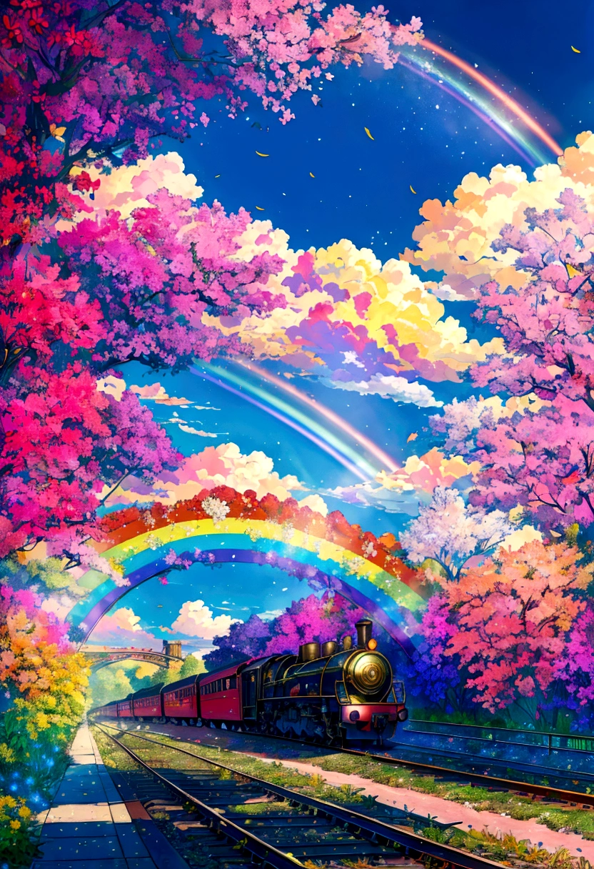 A locomotive running on rainbow-colored tracks,colorful,beautiful flower,Nice views,Utopia,An atmosphere full of dreams and hope,masterpiece.16K, Ultra-high resolution, Ultra-high resolution, born,Fantastic ,future、Shining in rainbow colors、The world 30 years from now。