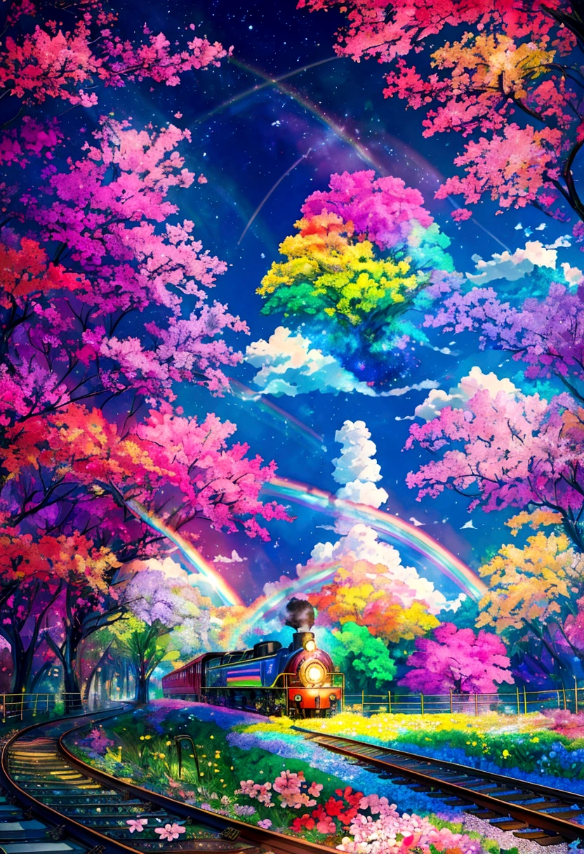 A locomotive running on rainbow-colored tracks，colorful，beautiful flower，Nice views，Utopia，An atmosphere full of dreams and hope，masterpiece．16K, Ultra-high resolution, Ultra-high resolution, born,Fantastic ,future、Shining in rainbow colors、The world 30 years from now。