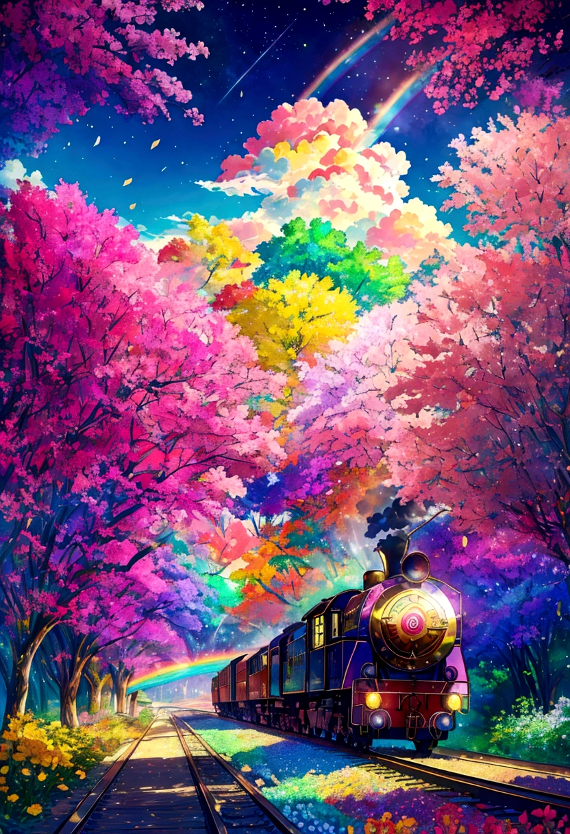 A locomotive running on rainbow-colored tracks，colorful，beautiful flower，Nice views，Utopia，An atmosphere full of dreams and hope，masterpiece．16K, Ultra-high resolution, Ultra-high resolution, born,Fantastic ,future、Shining in rainbow colors、The world 30 years from now。