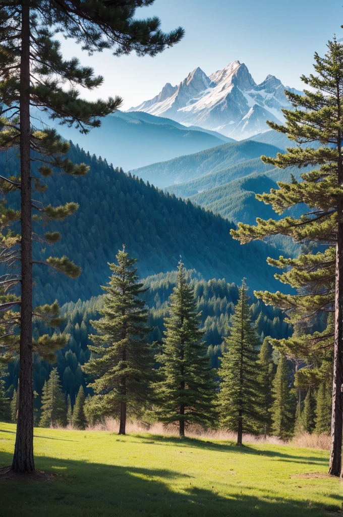 Pine tree scenery with mountains in the background 