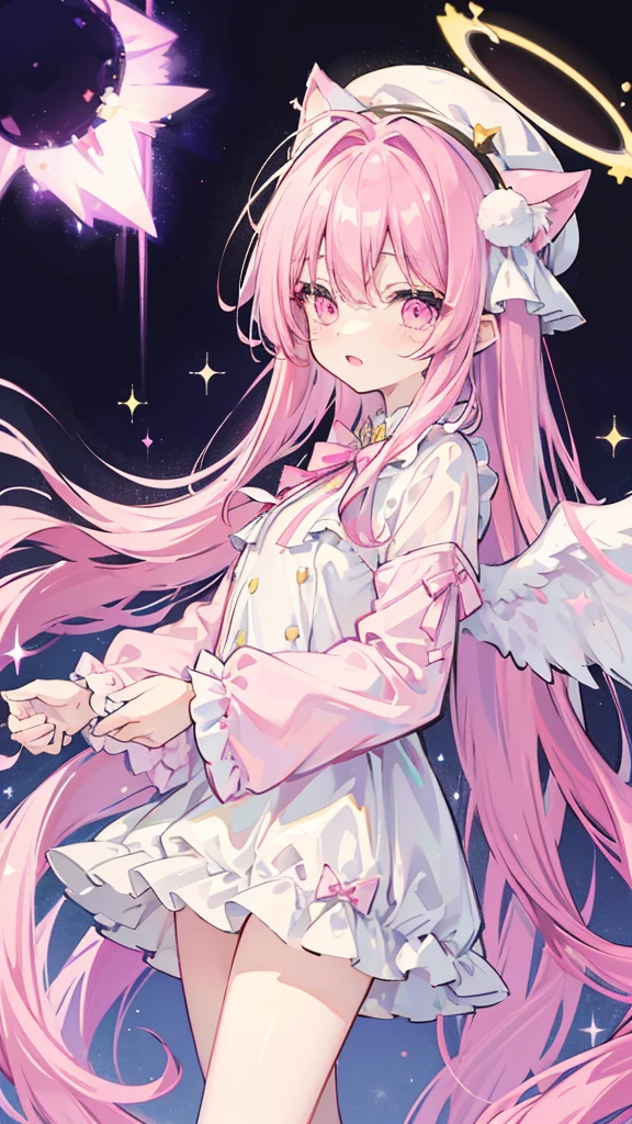 galaxy angel style,pastel,glitter,Angel shota,glowing halo,cat ears,pink long hair,angel wings,more add cuteness,
Wearing short-sleeved frilly pajamas, a hat with a pom-pom on the tip, and standing in a dark hallway at night,
sleepy eye,open mouth smile,Say good night,