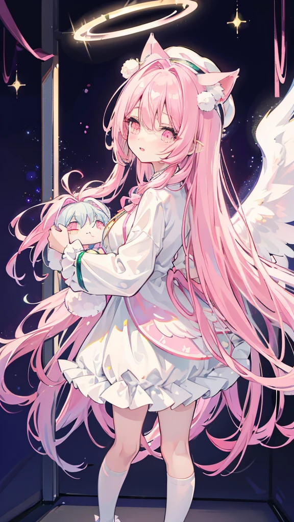 galaxy angel style,pastel,glitter,Angel shota,glowing halo,cat ears,pink long hair,angel wings,more add cuteness,
Wearing short-sleeved frilly pajamas, a hat with a pom-pom on the tip, and standing in a dark hallway at night,
sleepy eye,open mouth smile,Say good night,