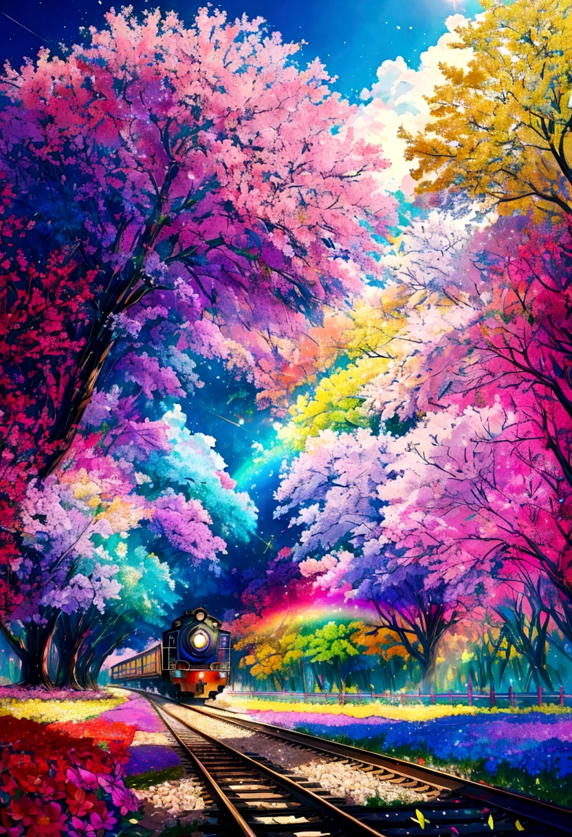 A locomotive running on rainbow-colored tracks，colorful，beautiful flower，Nice views，Utopia，An atmosphere full of dreams and hope，masterpiece．16K, Ultra-high resolution, Ultra-high resolution, born,Fantastic ,future、Shining in rainbow colors、The world 30 years from now。