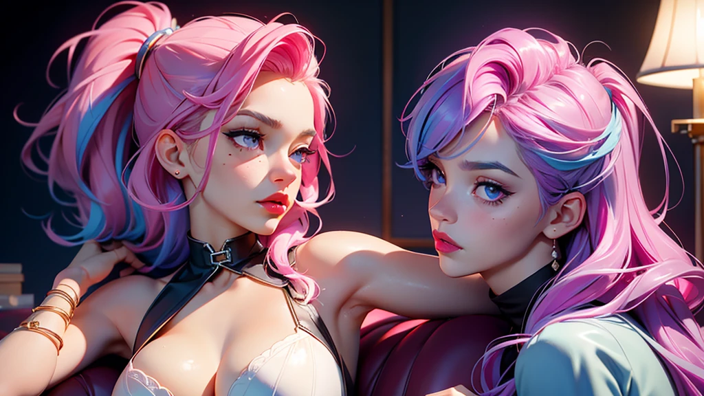 Best Quality, Masterpiece, Portrait, Perfect Anatomy, Femininity, Cool, Flawless, , Solo, Sexy, Stylish, Mature, Purple Eyes, Long Light pink Hair, Mole Above Lip, Red Lipstick, Big Breasts, Kissing Another Girl with Light blue hair,