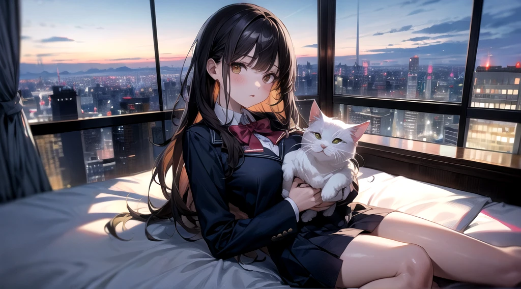 Highest quality(8k)masterpiece、Time: Night(2.0)Lying on a bed by the window, holding a cute calico cat(2.0)、Clothing is high school uniform(1.8)The night view can be seen from the window(1.8)、A room in a high-rise apartment with very large windows(1.8)It's dim in the room.(1.8)、猫はSuper detailed、Identifying each and every hair(2.0)、One girl、Very cute、Best Style、Hairstyle(long(1.8))The room is a high school girl's room(1.8)、There are no curtains、17age、Firm and refreshing々Fresh skin。Plump legs、eye(Super detailed 1.8)Wearing makeup(2.0)、The cat's face does not collapse(1.8)