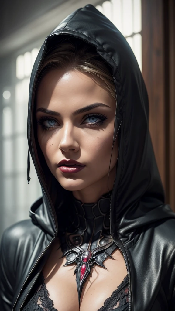 a dark hooded female spider woman, extremely detailed eyes, blonde hair, beautiful detailed lips, cinematic composition, dramatic lighting, dark moody atmosphere, hyper realistic, dark sci-fi, intricate details, realistic textures, vibrant colors, chiaroscuro lighting, moody colors, dramatic shadows, dynamic pose, powerful presence, ominous atmosphere, digital art, concept art style