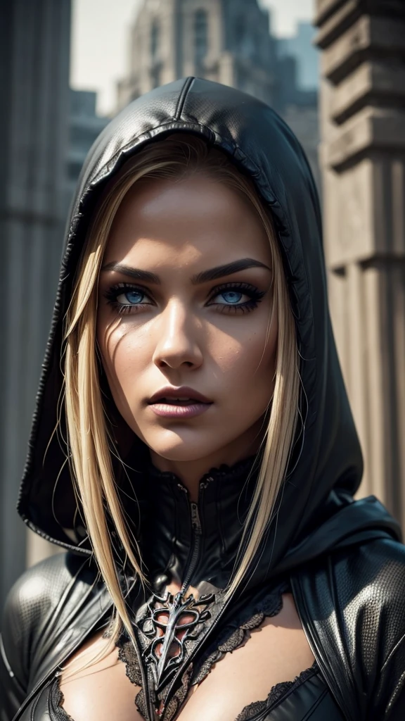 a dark hooded female spider woman, extremely detailed eyes, blonde hair, beautiful detailed lips, cinematic composition, dramatic lighting, dark moody atmosphere, hyper realistic, dark sci-fi, intricate details, realistic textures, vibrant colors, chiaroscuro lighting, moody colors, dramatic shadows, dynamic pose, powerful presence, ominous atmosphere, digital art, concept art style