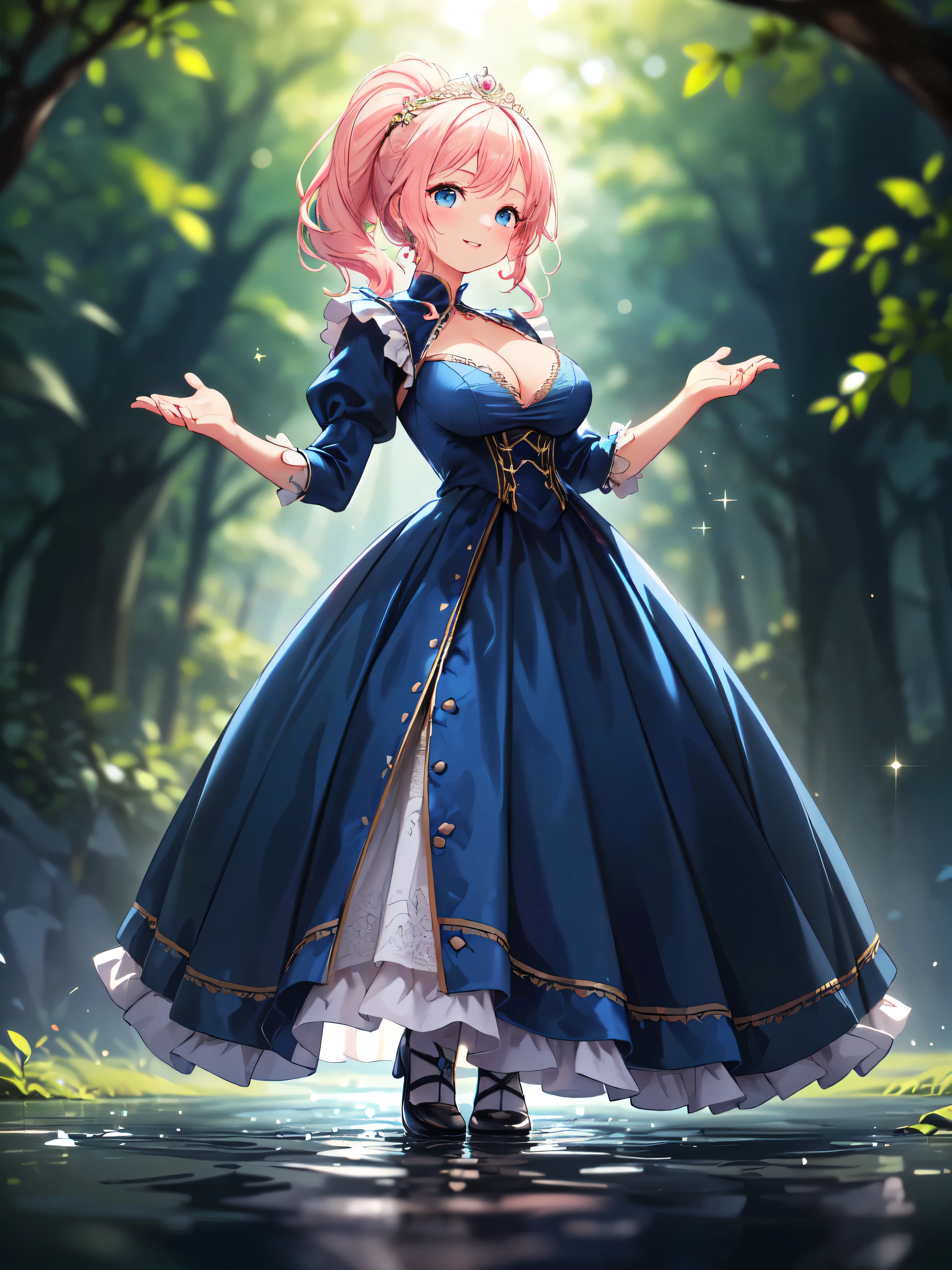 (((masterpiece))), (((best quality))), (((ultra detailed))), ((an extremely delicate and beautiful)), (unity 16k wallpaper), (Moe anime art style:1.3), 
BREAK 
(((solo princess young face))), (18 years old), (huge breasts cleavage focus), sweat on the chest, 
BREAK 
(ponytail pink fluffy hair:1.5), Curly Hair, (Expressive hair), (very voluminous long hair), Spreading hair, bangs, Beautiful tiara silver and Jewels, princess vail, ,,,,,,,,,,,,,,,,,,,,,,,,,,,,,,,,,,,,,,,,,,,,,,,,,,,,,,,,,,,,,,,,,,,,,,,,,,,,,,,,,,,,,,,,,,,,,,,,,,,,,,,,,,,, 
BREAK 
(super delicate and beautiful face:1.3), ((hyper detail delicate beautiful)), ((beautiful lips)), (face focus:1.1), beautiful smile,,,,,,,,,,,,,,,,,,,,,,,,,,,,,,,,,,,,,,,,,,,,,,,,,,,,,,,,,,,,,,,,,,,,,,,,,,,,
BREAK 
((Luxurious Rococo English gown dress in dark blue velvet:1.3)),  ((with long hem and voluminous hoop skirt at full length)), ((and over skirt with plenty of frills and luxurious embroidery and precision lace fabric)), A gorgeous Rococo Marie Antoinette English gown dress with a long hem and voluminous full-length hoop skirt 　and over skirt with plenty of frills and luxurious embroidery and precision lace fabric,
BREAK 
((full body)), (dynamic pose:1.1), (dutch angle, from front), (depth of field:1.9), (blurry background:1.2), (backlighting:1.3), (nature:1.3), (walking on water in forest), (light sparkles), light rays, (light leaks:1.3), 