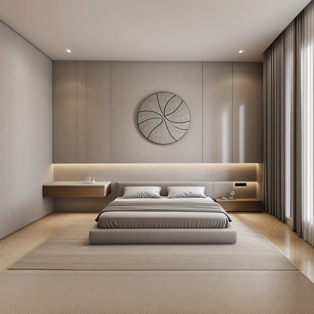 The bedroom has 1 modern bed, gray painted walls, 1 window curtain, circular bedside decorative painting, 1 plush carpet, 1 dressing table, luxurious colors, tiled floor, best quality, hyper detail:1.3, 8K render, daylight, glossy marble floor :1.2