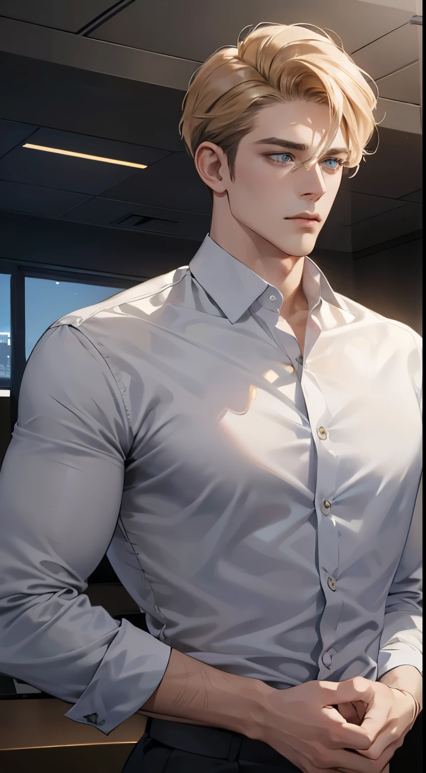 (best quality, masterpiece, 8K, photorealistic, cinematic lighting, hdr image, ultra detailed, beautiful image), 1 man, 31 years old, mature man, very handsome, (without expression, serious), short golden hair, blue grey eyes ( penetrating gaze), perfect face without errors, imposing posture, without errors, businessman, office background