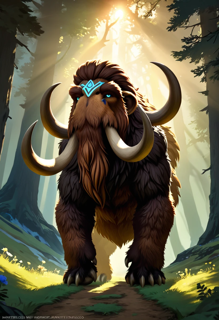 A humanoid anthropamorphic wolly mammoth. symmetrical face, photorealistic, photography, path tracing, specular lighting, volumetric face light, path traced hairmaximum quality{(masutepiece) (8K High Resolution) (top-quality) In the style of breath of the wild. Create an illustrated, hand-drawn, full-color masterpiece with warm lighting and shadows. Incorporate graphite shading, stencil marks, and airbrushed acrylic paint in the style of "Breath of the Wild." Rococo-Inspired Fantasy Art With Intricate Details.The background should be detailed and sharp, adding to the overall high-resolution, best quality, and detailed art piece.