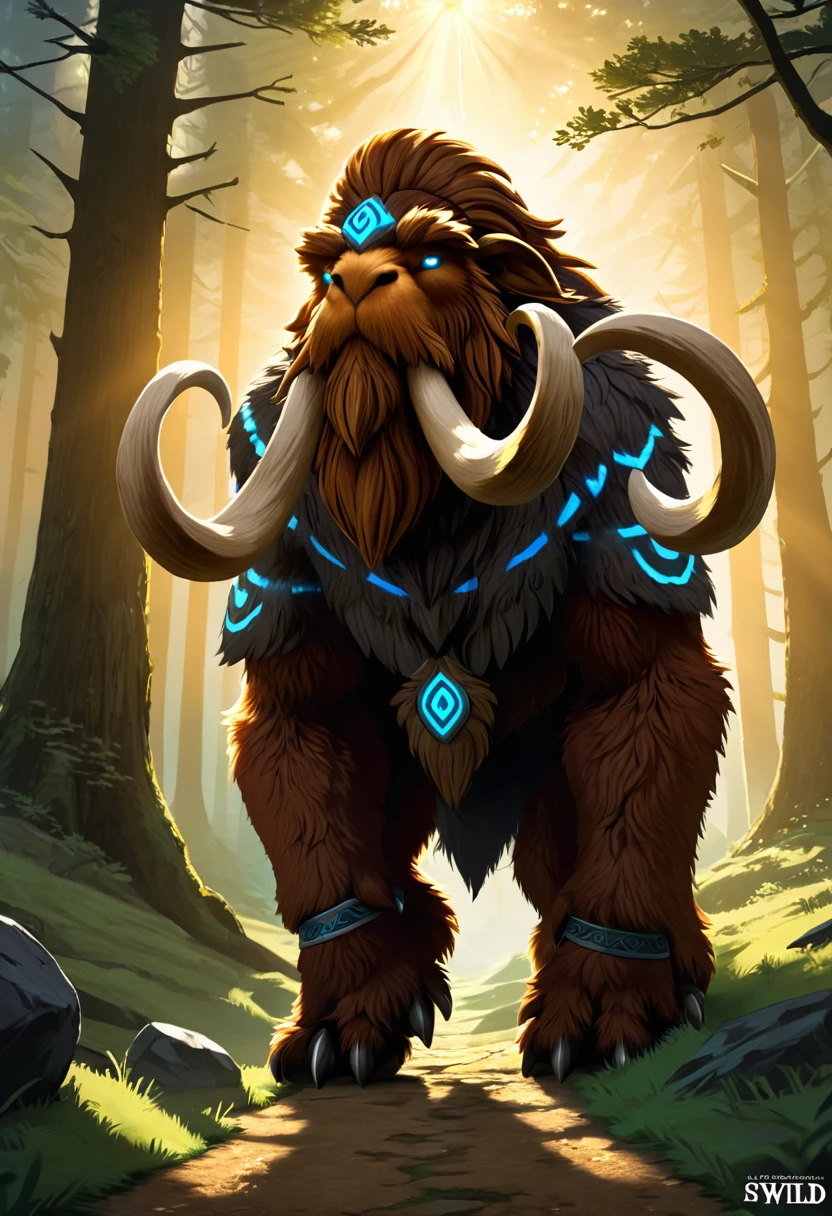 A humanoid anthropamorphic wolly mammoth. symmetrical face, photorealistic, photography, path tracing, specular lighting, volumetric face light, path traced hairmaximum quality{(masutepiece) (8K High Resolution) (top-quality) In the style of breath of the wild. Create an illustrated, hand-drawn, full-color masterpiece with warm lighting and shadows. Incorporate graphite shading, stencil marks, and airbrushed acrylic paint in the style of "Breath of the Wild."  Rococo-Inspired Fantasy Art With Intricate Details.The background should be detailed and sharp, adding to the overall high-resolution, best quality, and detailed art piece.