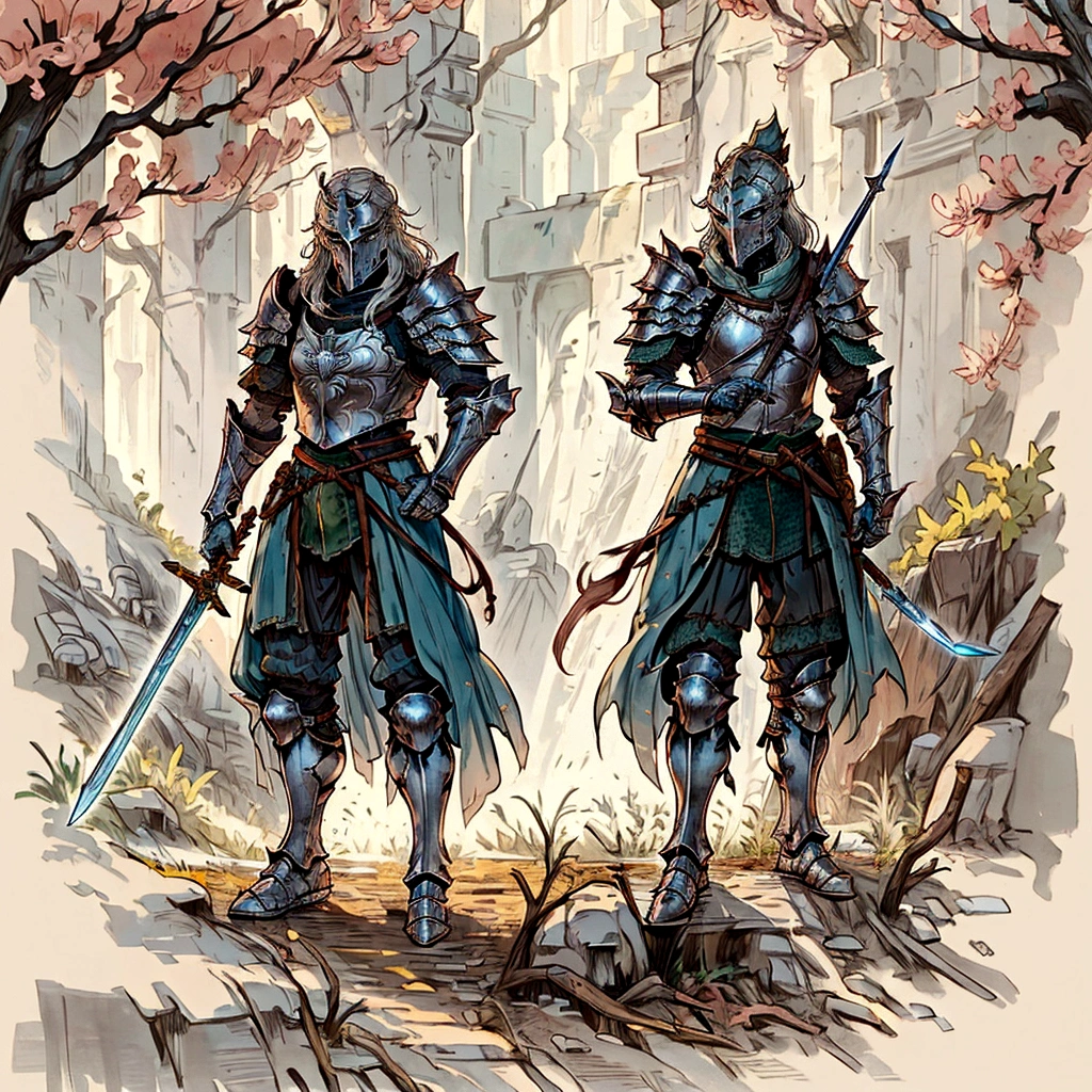 two soldiers in armor with swords and a bow, medieval concept art, high fantasy concept art, for honor character concept art, expert high detail concept art, high detail concept art, the witcher concept art, knights armor, concept art of a warrior, high quality concept art, official concept art, rpg character concept art, rpg concept art character, high quality character design