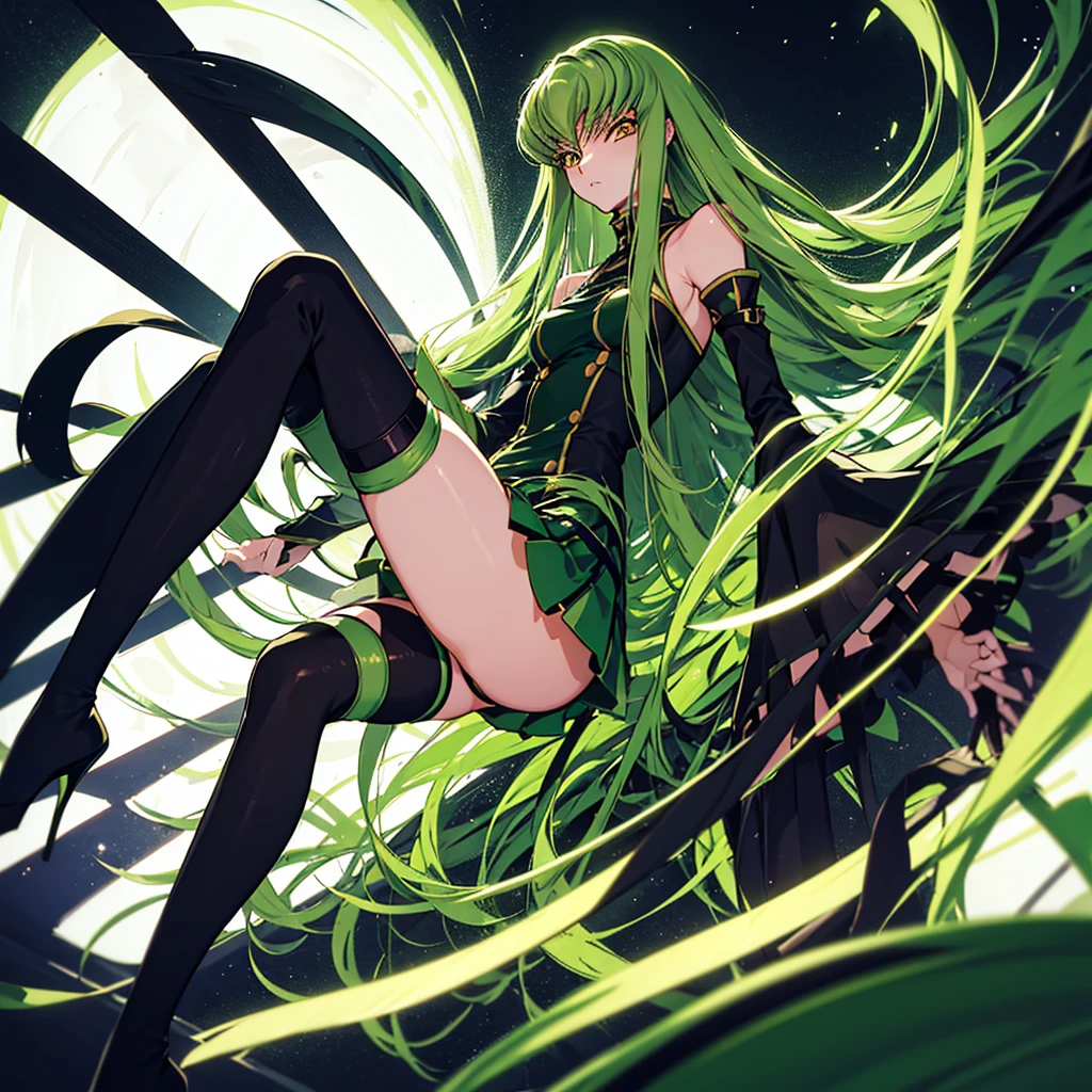 C.C、Code Geass、Green Hair、Long Hair、((Thigh-high socks))、Photo from below、Medium chest、full moon、((Black Knights Clothing))、mini skirt、Have a skirt