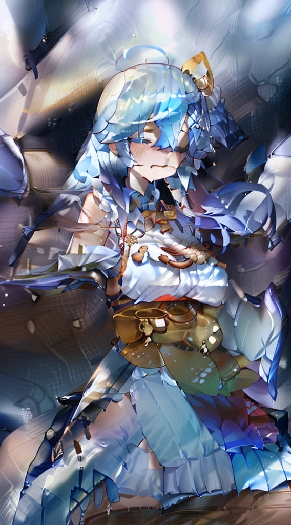 masterpiece, best quality, large breasts, blue eyes, forehead bangs, blue hair, long hair, embarrassed, with angelic wings, (angelic halos:1.2), in a heavenly paradise. flowing white gowns with golden accents and delicate, multiple girls, (1boy:1.2), (pov:1.2), (sex:1.2), (3girls:1.2), (cowgirl position:1.3), (girl on top:1.2), (straddling:1.2), (nsfw:1.2)