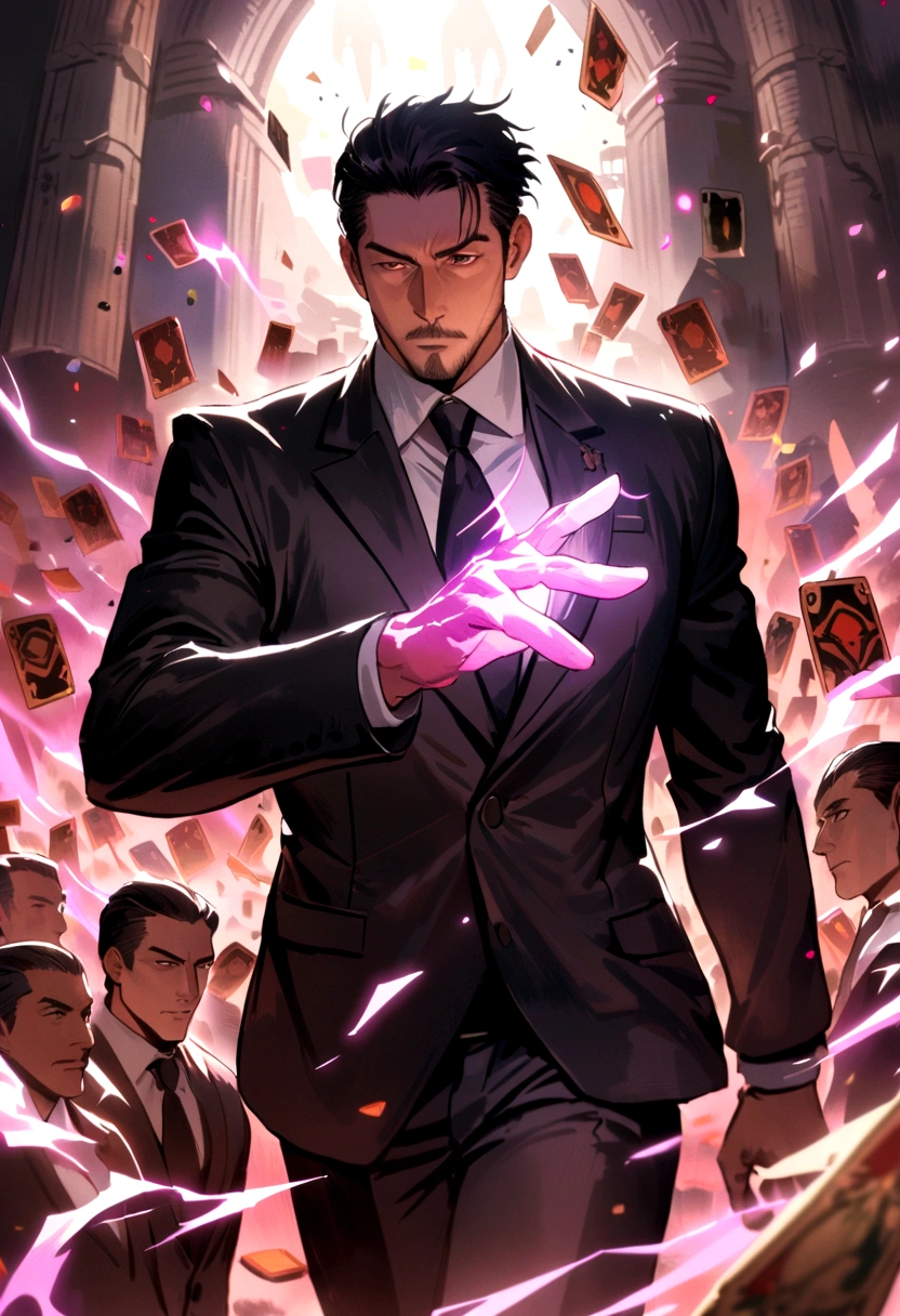 A detailed painting depicting a handsome, mature Asian man in a suit surrounded by a flurry of glowing Magic The Gathering cards and the book Dungeons and Dragons in the center.