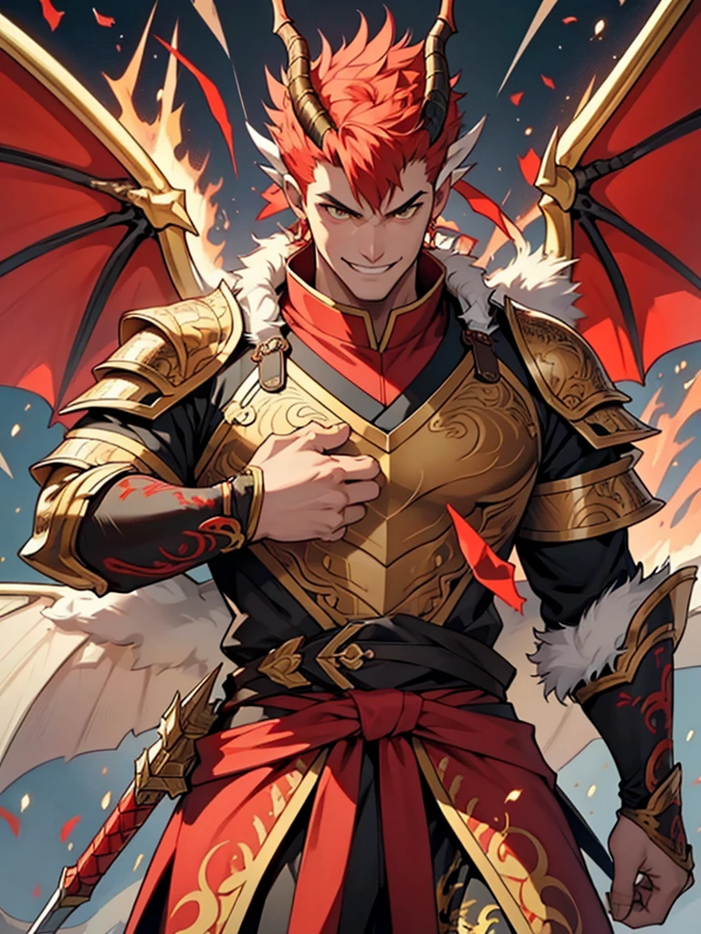 30 years old Ryujin、male、Dragon wings、Facial Dragon Scales、Brown single shot、Decorated fur armor、Fight with red sharp claw weapons、smile