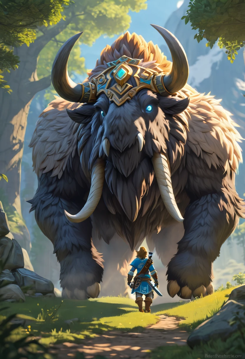 A humanoid anthropamorphic wolly mammoth. symmetrical face, photorealistic, photography, path tracing, specular lighting, volumetric face light, path traced hairmaximum quality{(masutepiece) (8K High Resolution) (top-quality) In the style of breath of the wild. Create an illustrated, hand-drawn, full-color masterpiece with warm lighting and shadows. Incorporate graphite shading, stencil marks, and airbrushed acrylic paint in the style of "Breath of the Wild." Rococo-Inspired Fantasy Art With Intricate Details.The background should be detailed and sharp, adding to the overall high-resolution, best quality, and detailed art piece.
