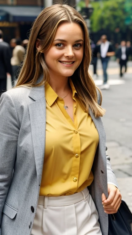 Alicia Silverstone dressed in premium clothing and smiling