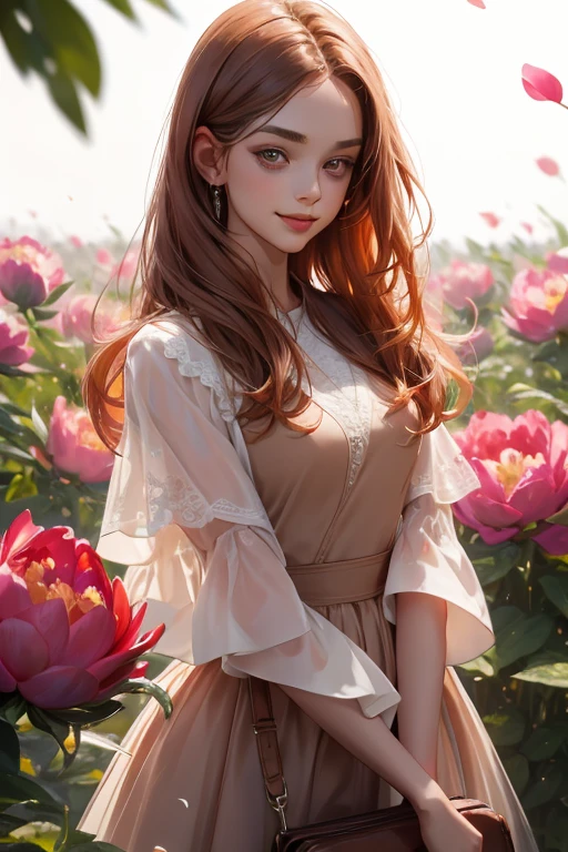 perfect face, perfect hands. A copper haired woman with copper eyes and small breasts in a summer dress is smiling in a flurry of peony petals