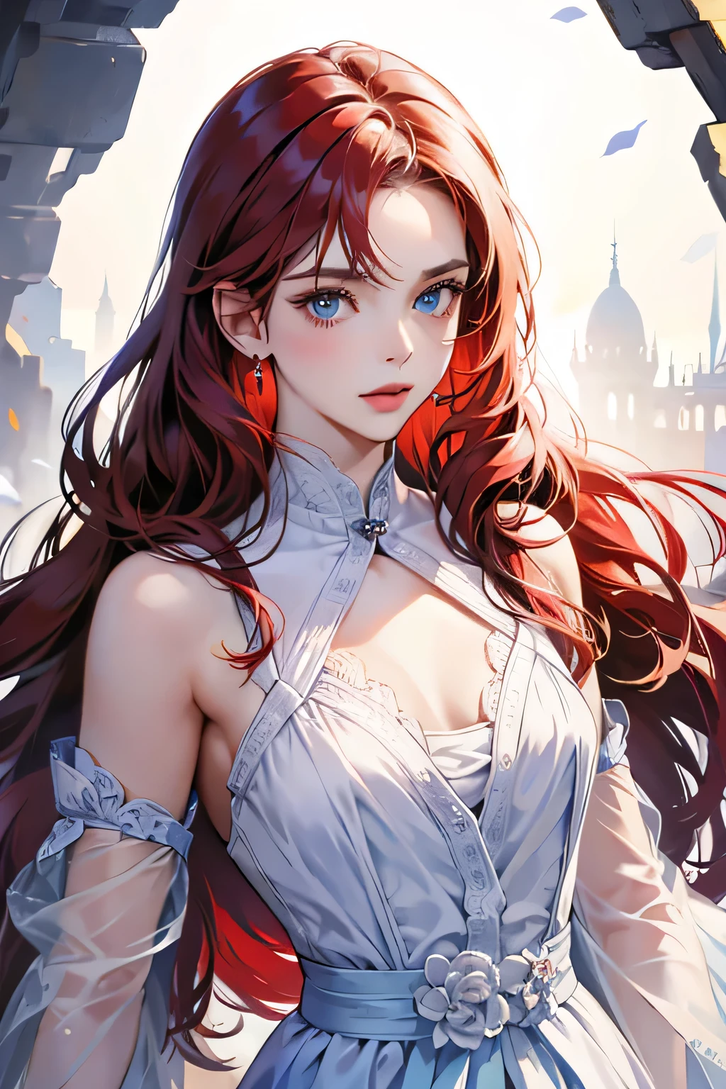 (absurdity, A high resolution), (panorama), young woman, mature, Beautiful, high, exquisite, Blue eyes, Red hair, Wearing noble clothes, Erotic clothing, white clothes, White dress, calm facial expression, single character, sexual, elegant, (small breasts), portrait