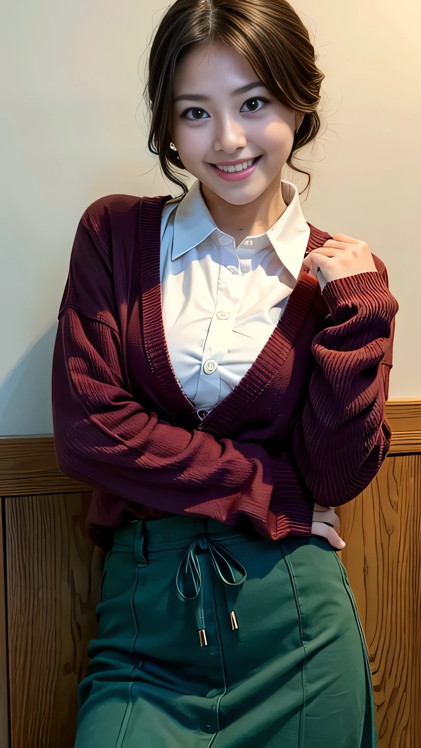 masterpiece, highest quality, best quality, 1girl, solo, looking at viewer, , tezuka rin, (armless amputee:1.2), brown hair, collar, collared shirt, (double amputee:1.2), green eyes, katawa shoujo, red necktie, shirt, short hair, solo, white shirt, lozhkin, grin, accurate teeth with gaps