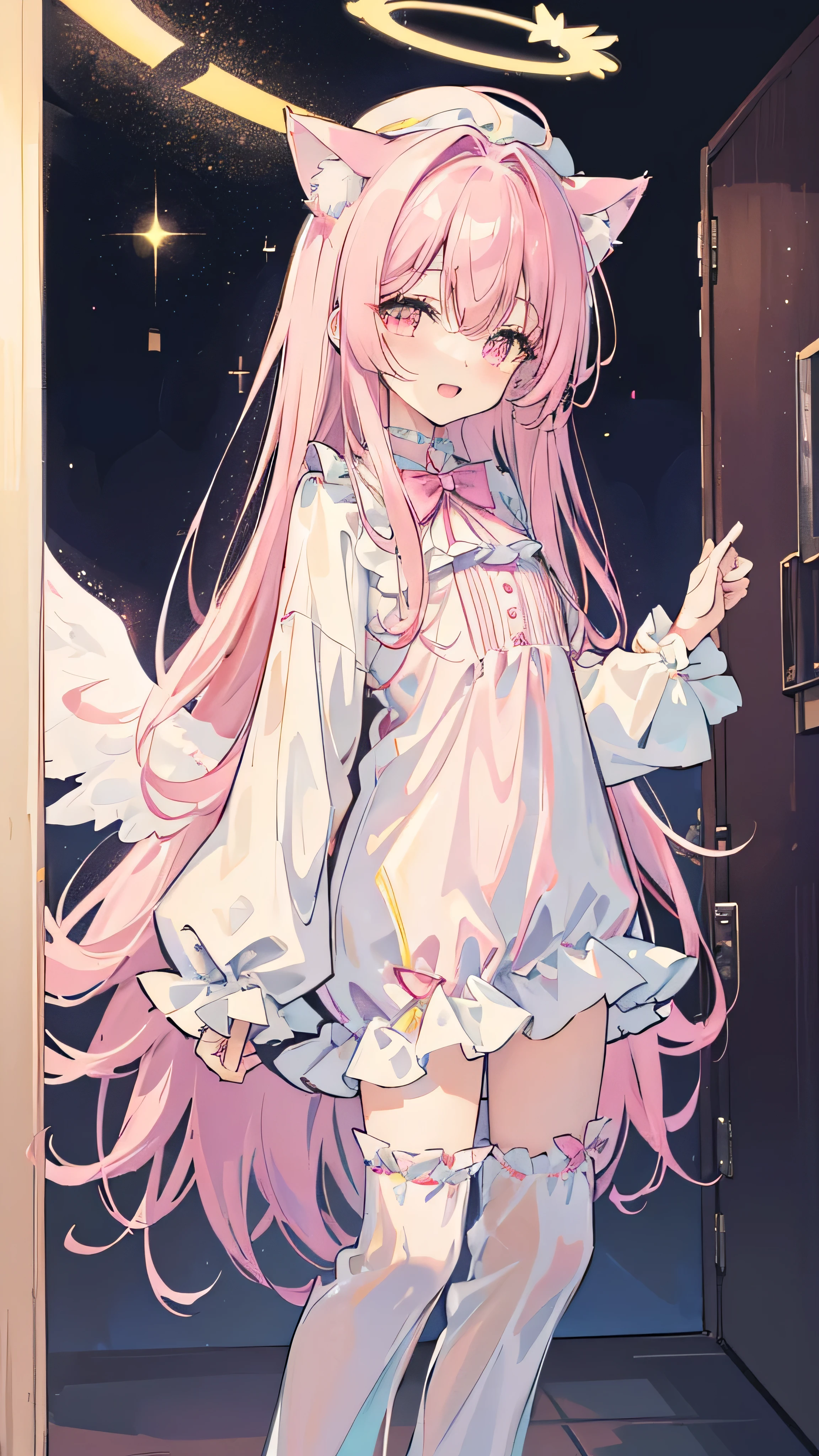 galaxy angel style,pastel,glitter,Angel shota,glowing halo,cat ears,pink long hair,angel wings,more add cuteness,
Wearing short-sleeved frilly pajamas, a hat with a pom-pom on the tip, and standing in a dark hallway at night,
sleepy eye,open mouth smile,Say good night,