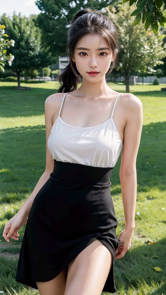 dress,outdoors,Urban Park,On the lawn,One woman,fully body photo,masutepiece, The highest image quality, High quality, the background is clear,Beautiful woman, Japanese, Detailed, Ultra-detailed, finely detail, hight resolution, 8K Wallpaper, Perfect dynamic composition, Beautiful detailed eyes ,Detailed eyes, Detailed skin, Beautiful skin, 超hight resolution, (reality: 1.4),Very beautiful woman, Slightly younger face, Beautiful skin, slender, (Ultra photo realsisim), (hight resolution), (8K), (Very detailed) (beautifully detailed eyes), (super detailed), (Detailed face), view the viewer, Fine details, Detailed face, Staring straight ahead, Staring straight ahead, photos realistic, Bright lighting, Professional Lighting, Black hair,poneyTail,a baby face,sixteen years old,Hairstyle: ponytail,Long ponytail hairstyle,slight smile,