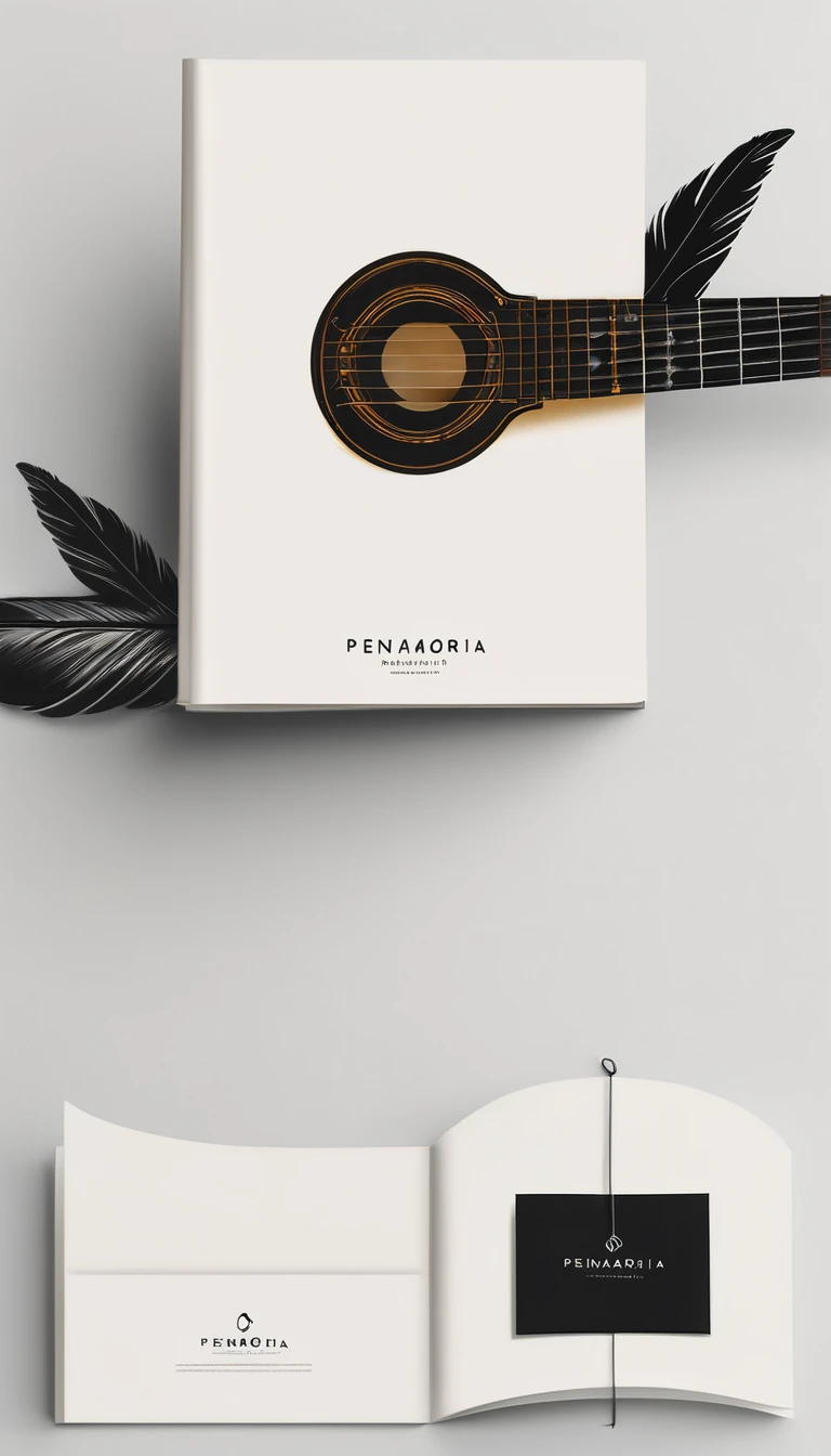 A minimal, modern, simple, cinematic logotype for the brand “Penamemoria". The logotype must be a simple, magical feather and a boy playing acoustic guitar. The logo must convey a sense of music, stories and dreams. Logo design impressed on a book cover. Minimalistic logo