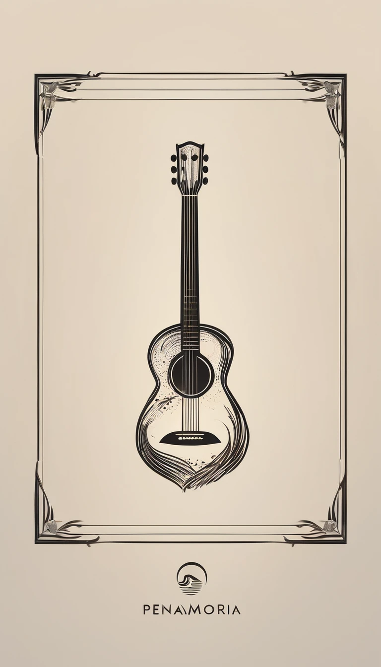A minimal, modern, simple, cinematic logotype for the brand “Penamemoria". The logotype must be a simple, magical feather and a boy playing acoustic guitar. The logo must convey a sense of music, stories and dreams. Logo design impressed on a book cover. Minimalistic logo