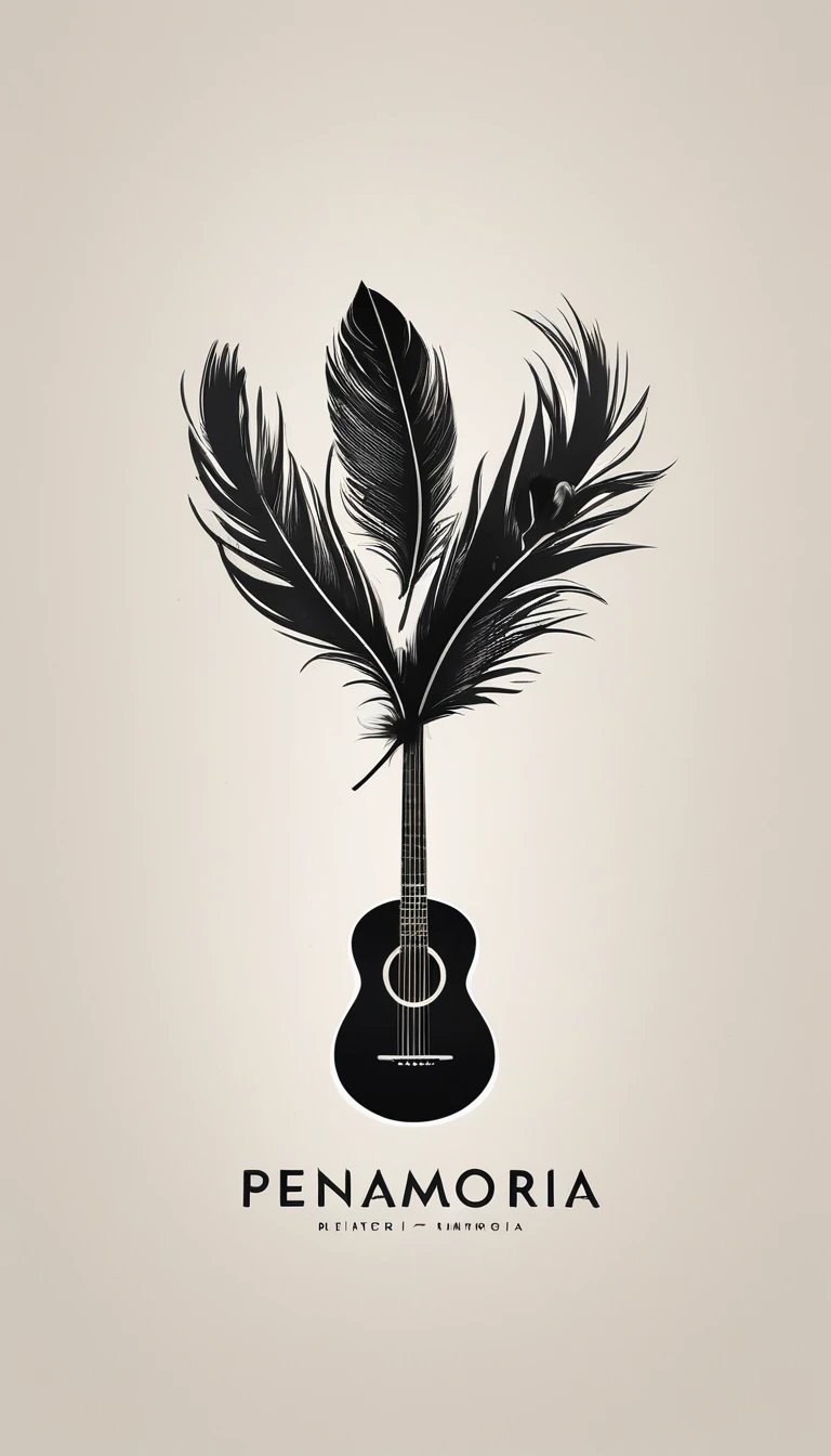 A minimal, modern, simple, cinematic logotype for the brand “Penamemoria". The logotype must be a simple, magical feather and a boy playing acoustic guitar. The logo must convey a sense of music, stories and dreams. Logo design impressed on a book cover. Minimalistic logo