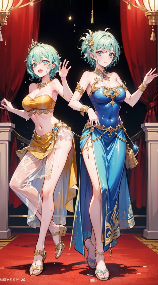 (2 young women ,beautiful woman),(เด็กหญิงshyุ 20 ปี)，smile，(light green short hair)，nobility，(princess)，blue student，Tall figure，((Strapless Thai dress))，low skirt，(Strapless Thai dressที่ไม่ทีสาย)，lolita skirt，Show your legs，Barefoot，red carpet，prom website，(nobility)，(big tits),(Various positions),Highest quality、Highest picture quality、Masterpiece,, ,(((Navel drive,dance,dance,Thai dance))), (there&#39;There&#39;s nothing hiding the pussy..), (no panties), (very good:1.2), (shy:1.2), (wet:1.2),  (feel sexually happy:1.6), 