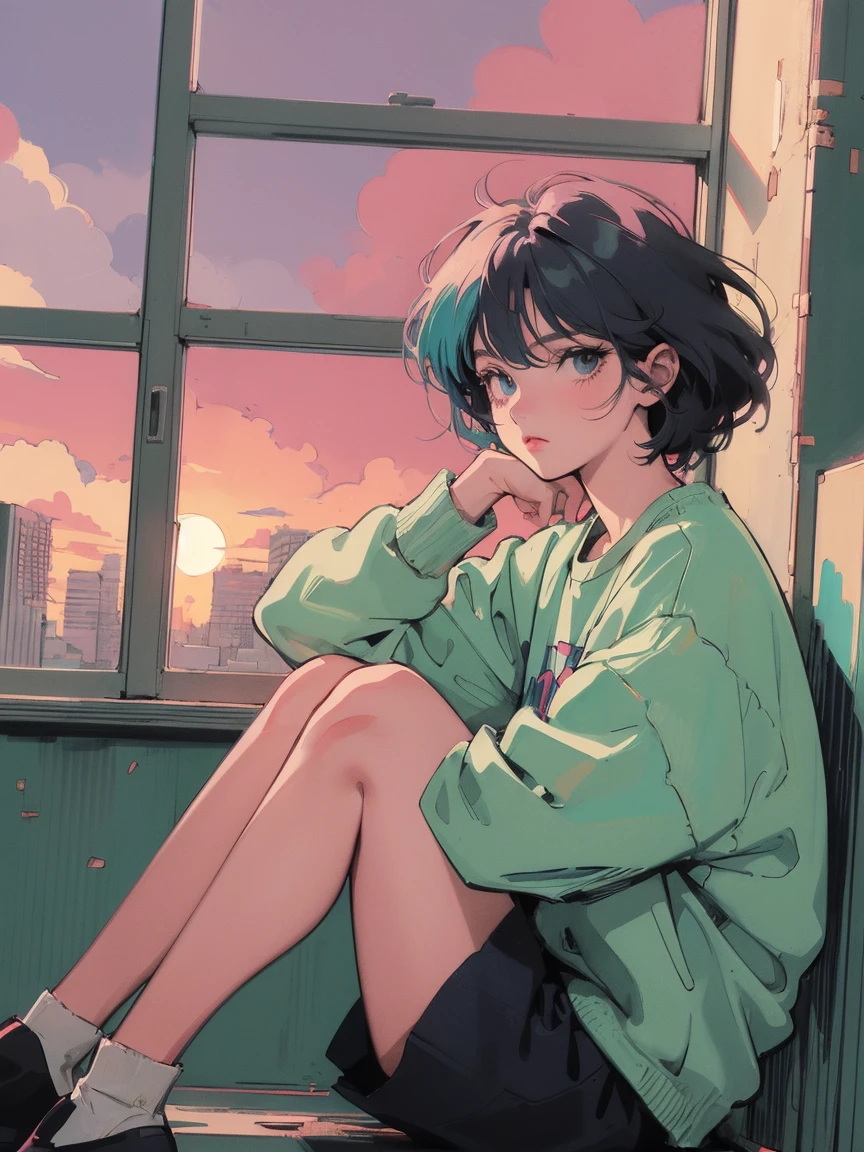 anime girl sitting on floor looking out window at city, anime aesthetic, anime vibes, Lofi Artstyle, Lo-fi portrait by the window, Watching the sunset. anime, Lofty Girl, anime art wallpaper 4 k, anime art wallpaper 4k, anime art wallpaper 8 k, anime background art, Lofi Color, Lofi Art, anime asthetic