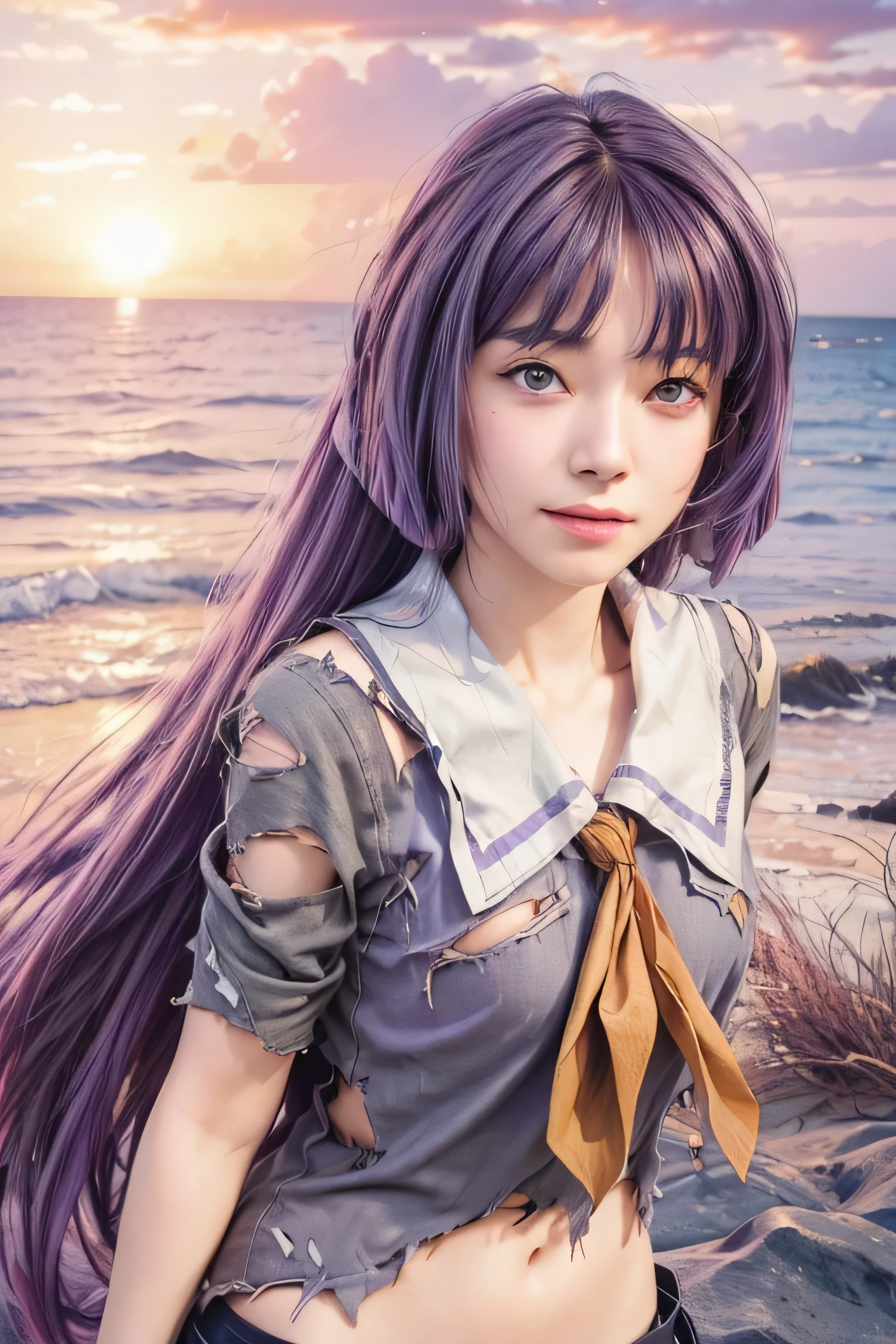 masterpiece, best quality, (realistic,photo-realistic:1.4), (RAW photo:1.2), extremely detailed CG unity 8k wallpaper, delicate and beautiful, amazing,finely detail, official art, absurdres, incredibly absurdres, huge filesize, ultra-detailed,extremely detailed eyes and face,light on face,sumire kakei,(little smile),(purple hair:1.4),(long hair:1.6),(wearing torn clothes:1.4),beach,sunset background,navel