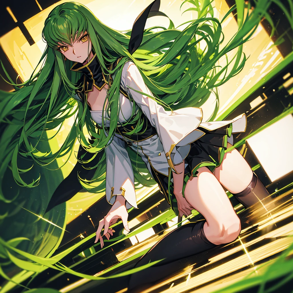 C.C、Code Geass、Green Hair、Long Hair、((Thigh-high socks))、Photo from below、Medium chest、full moon、((Black Knights Clothing))、mini skirt、Have a skirt