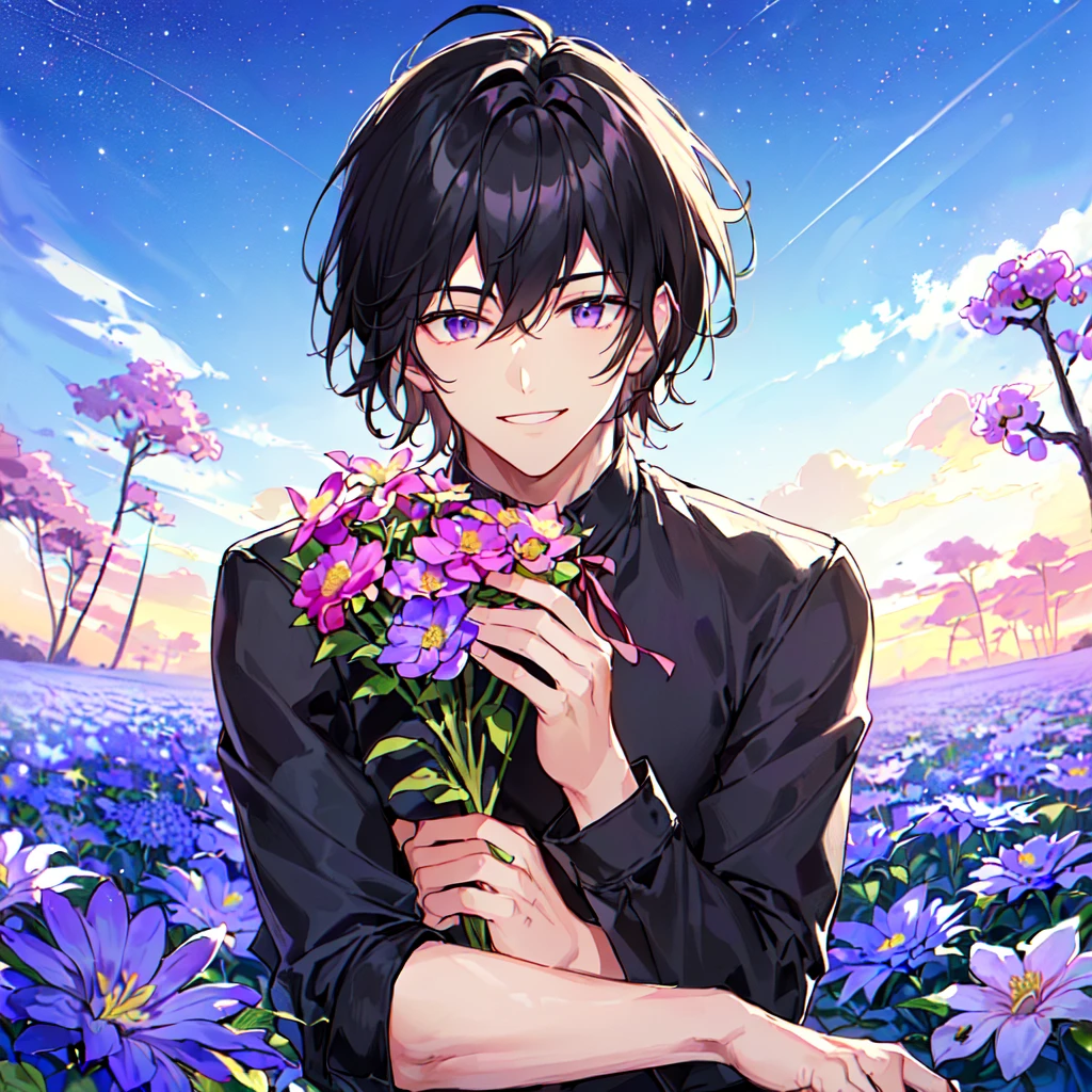 masterpiece,best quality,high quality,(1 male austere handsome solo adult age 30 years old:1.5), purple eyes, cool with suspended eyes, V-shaped eyebrows, body strong and fearless 8.5 head tall, height 185cm, (well-groomed black short hair down to neck:1.4), (bangs 7 thirds parted:1.4), slender nose, facial muscles, throat, (pants with summer flower prints summer fashion:1.3), (holding a bouquet of summer flowers), (stylish pose), (fearless smile:1.3), (background summer flower field:1.3), (Night Sky:1.3), (upper body:1.3)