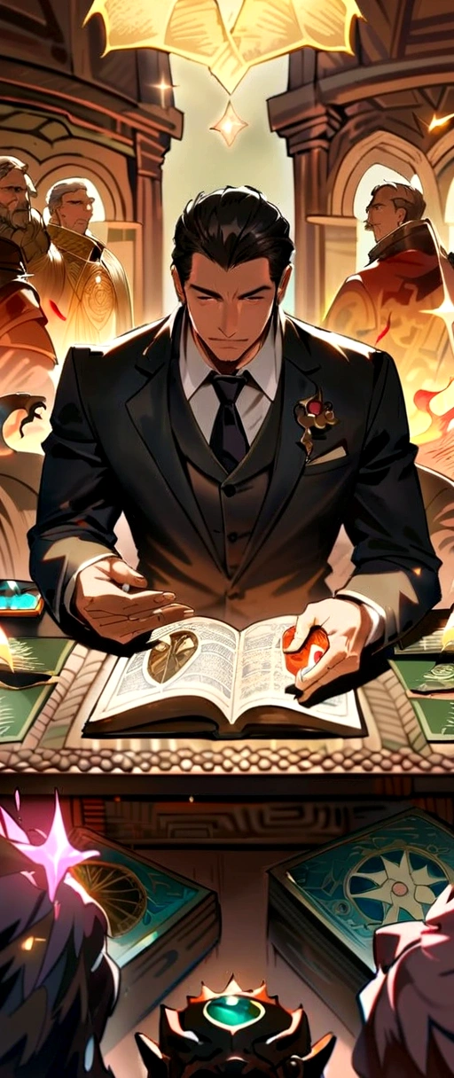 A detailed painting depicting a handsome, mature Asian man in a suit surrounded by a flurry of glowing Magic The Gathering cards and the book Dungeons and Dragons in the center.